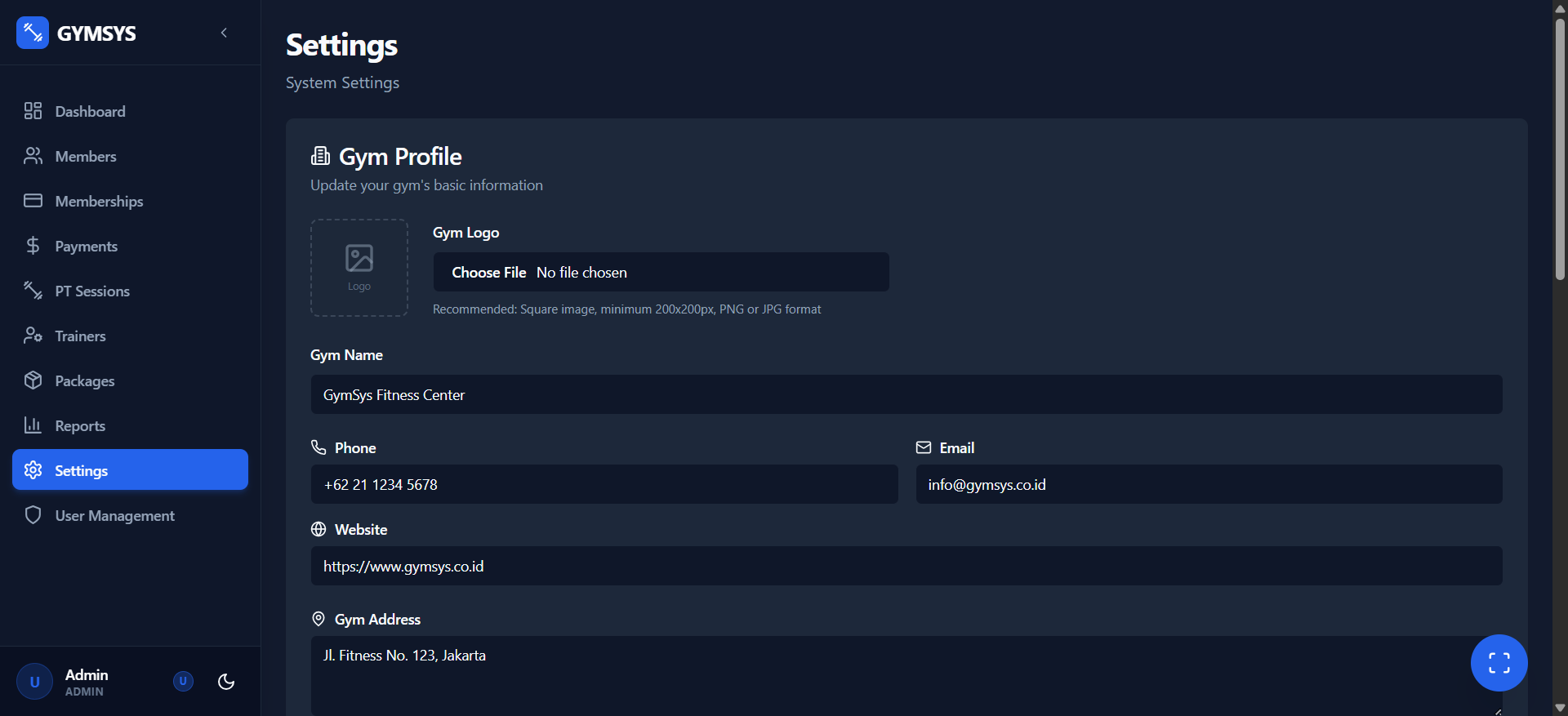 Gym Management System dashboard showing member statistics and attendance tracking